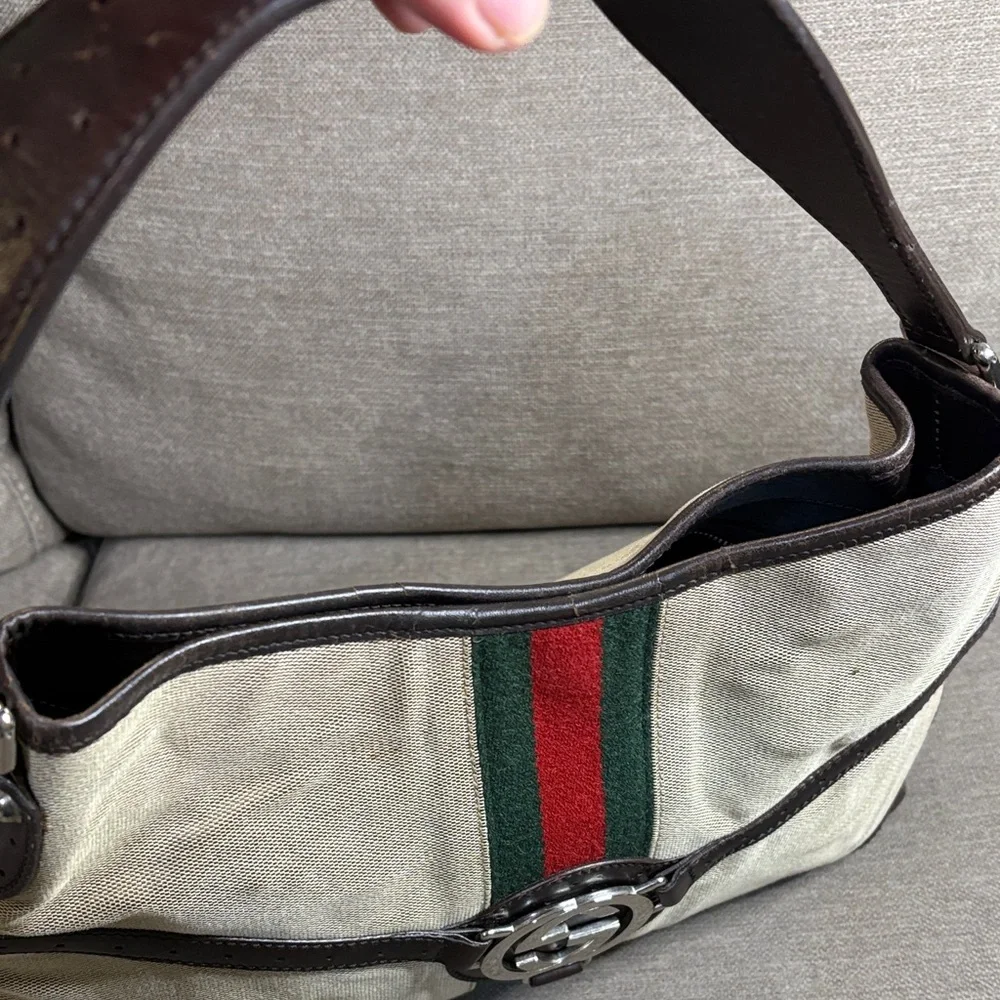 Gucci Web GG Reins  Hobo Bag with Brown Leather Trim